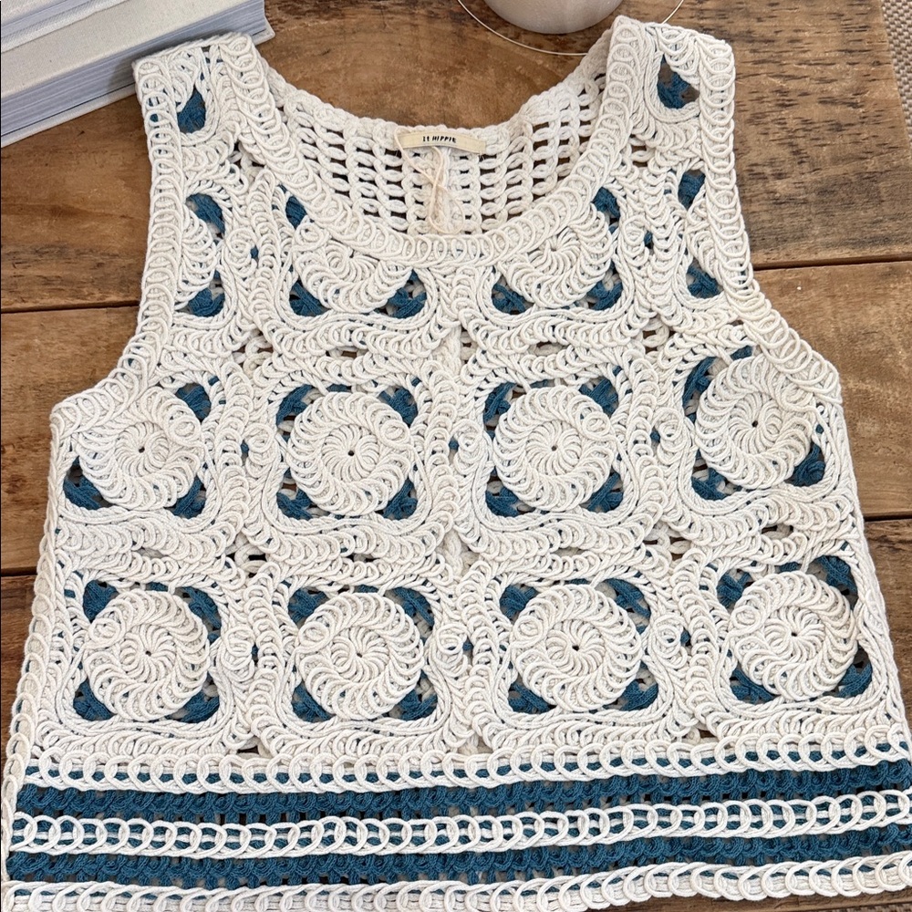 Chic White and Blue Crochet Crop Top
